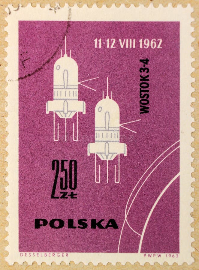 Viejo sello de los posts de Polonia, dedicado a la exploración espacial y a los primeros satélites