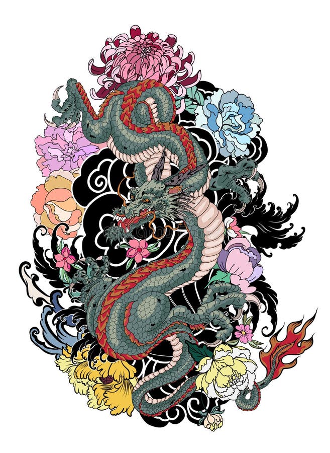 Japanese old dragon tattoo for arm.Hand drawn Dragon with peony flower,lotus,rose and chrysanthemum flower and water splash or Japanese wave traditional style.vector illustration Chinese dragon. Japanese old dragon tattoo for arm.Hand drawn Dragon with peony flower,lotus,rose and chrysanthemum flower and water splash or Japanese wave traditional style.vector illustration Chinese dragon.