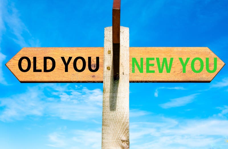 Wooden signpost with two opposite arrows over clear blue sky, Old You and New You, Life change conceptual image. Wooden signpost with two opposite arrows over clear blue sky, Old You and New You, Life change conceptual image