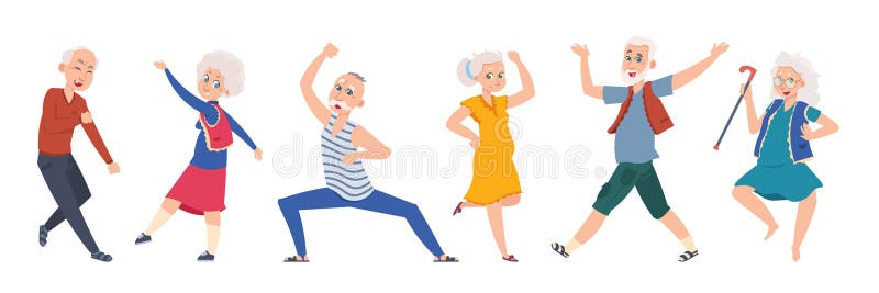 Viejos bailarines. Personajes mayores felices de la caricatura, grupo de personas mayores con buen tiempo. Vector plano divertido