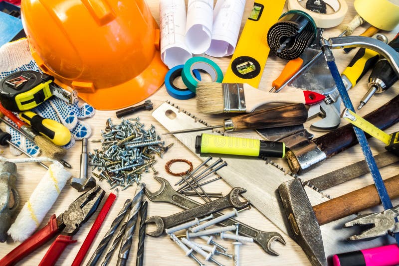 Viele Bauwerkzeuge, Bauzusammensetzungs-Werkzeugkoffer, Arbeitsplan, Elektrowerkzeuge, errichtend stockbilder Viele Bauwerkzeuge, Bauzusammensetzungs-Werkzeugkoffer, Arbeitsplan, Elektrowerkzeuge, errichtend stockbilder