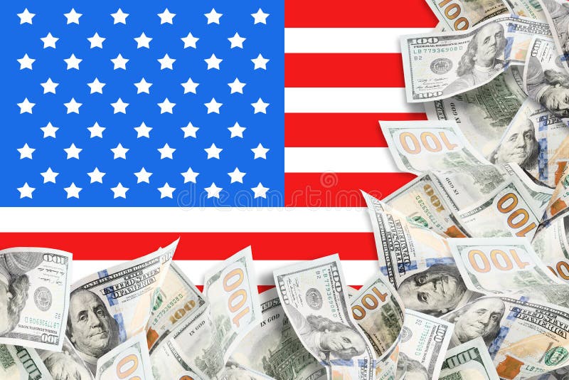 Viele Dollar und Hintergrund der amerikanischen Flagge lizenzfreies stockfoto Viele Dollar und Hintergrund der amerikanischen Flagge lizenzfreies stockfoto