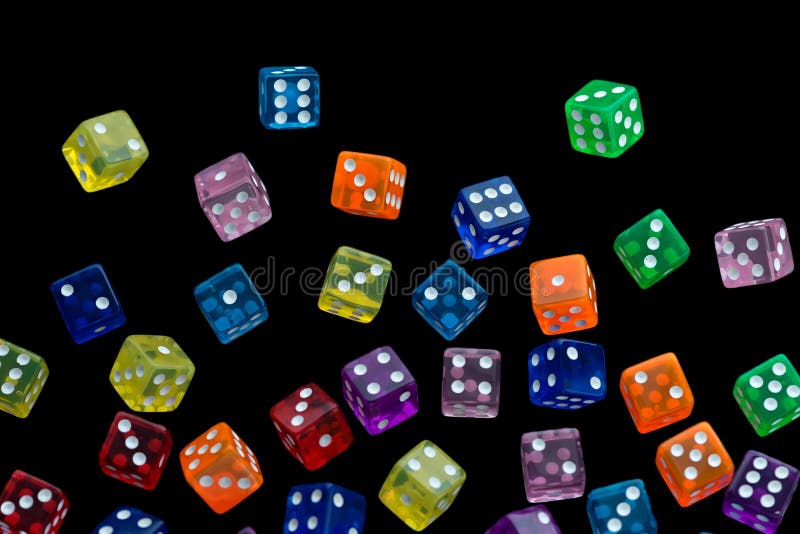 Many falling translucent multicolored dices with white dots on black background. Many falling translucent multicolored dices with white dots on black background