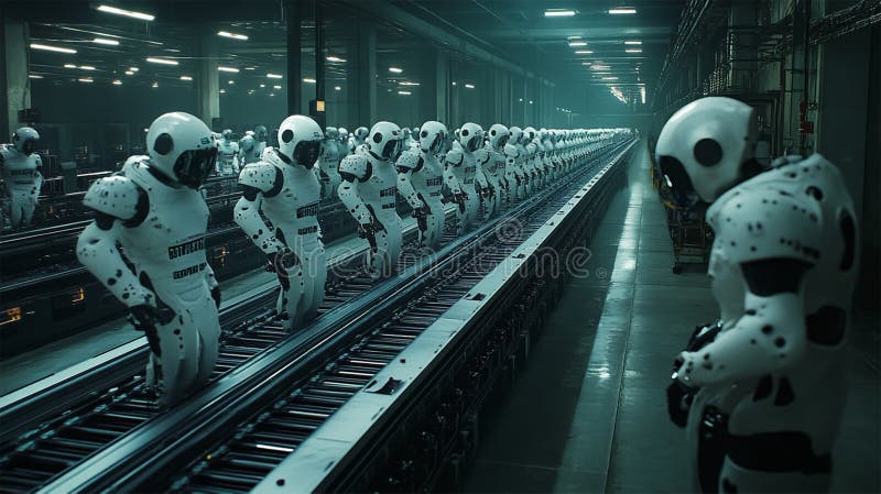 Viele identische KI-Roboter sitzen in einem Büro an Schreibtischen und arbeiten mit Computern, ein Roboter schaut in die Kamera: k stock abbildung