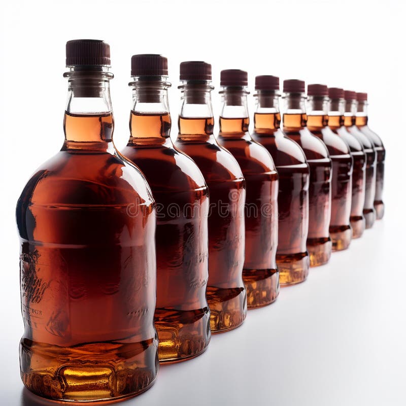 Viele identische Flaschen Cognac Whiskey Brandy Alkohol in einer Reihe nebeneinander auf weißem Hintergrund lizenzfreie abbildung