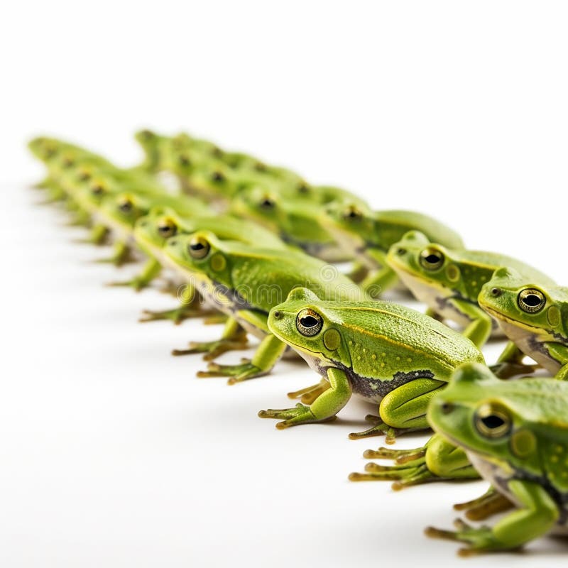 Viele identische grüne Frösche in einer Reihe auf weißem Hintergrund Tierhintergrund vektor abbildung