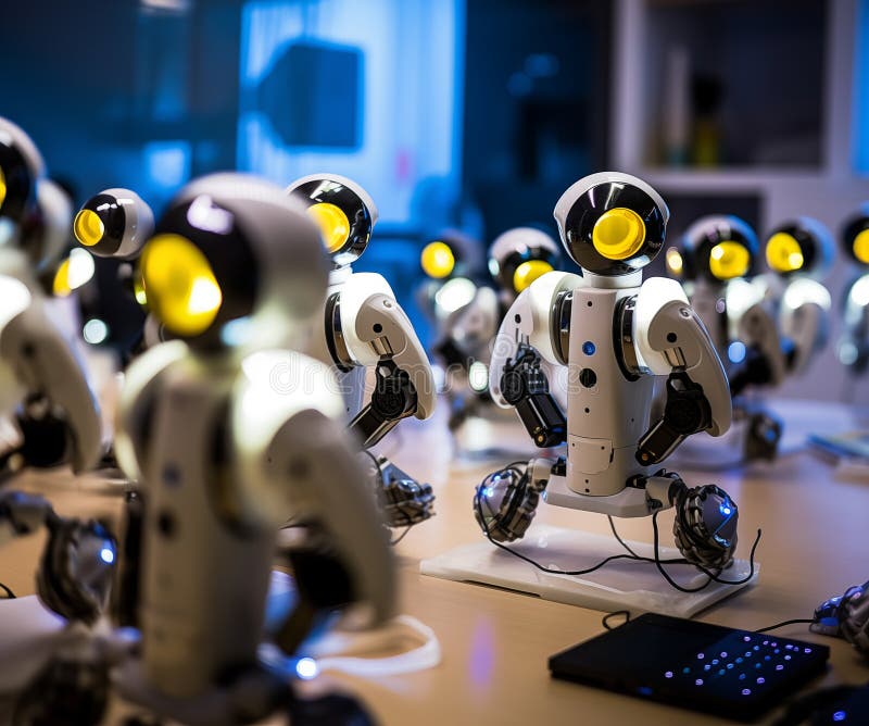 Viele identische Klone von kleinen intelligenten Robotern auf dem Tisch. generative Hilfe vektor abbildung
