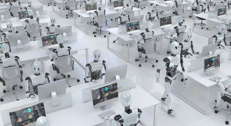 Viele identische Klonroboter arbeiten im Büro an Schreibtischen mit Computern Zukunftskonzept ohne Menschen mit intelligenter Rob vektor abbildung