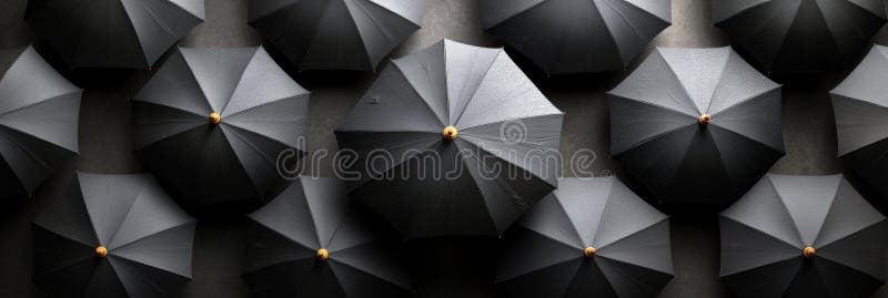 Viele identische Regenschirme mit einem einzigartigen, hervorgehobenen, aus obiger Musterstörung erkennbaren Schirm. lizenzfreie abbildung