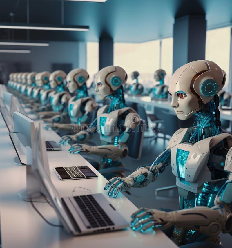 Viele identische Roboter, die am Schreibtisch im Büro sitzen und mit Computern arbeiten lizenzfreie abbildung