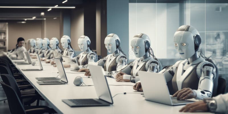 Viele identische Roboter, die an Schreibtischen im Büro sitzen und mit Computern arbeiten : künstliche Intelligenz und Robotisieru lizenzfreie abbildung