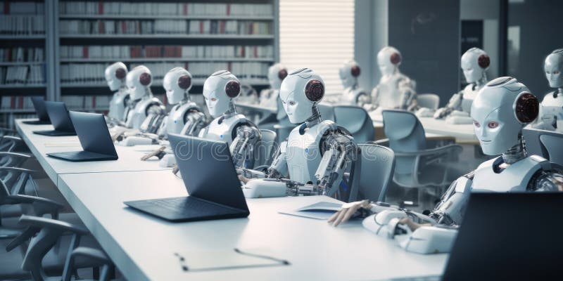 Viele identische Roboter, die an Schreibtischen im Büro sitzen und mit Computern arbeiten : künstliche Intelligenz und Robotisieru vektor abbildung