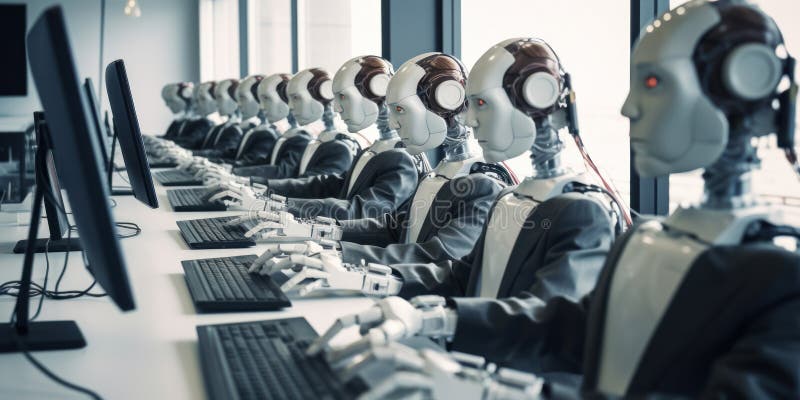 Viele identische Roboter, die an Schreibtischen im Büro sitzen und mit Computern arbeiten : künstliche Intelligenz und Robotisieru vektor abbildung