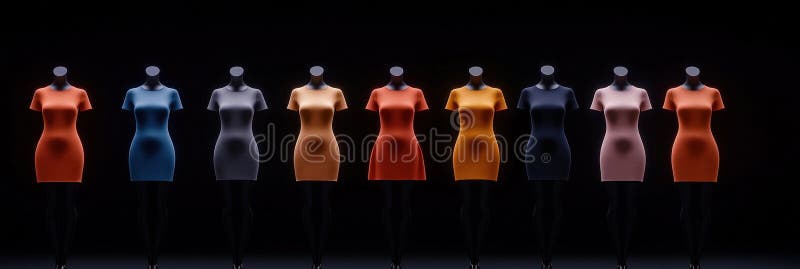 Viele identische Schaufensterfiguren sind billig in verschiedenen Farben. Trend Konformitätsproduktion. Mannequins vektor abbildung