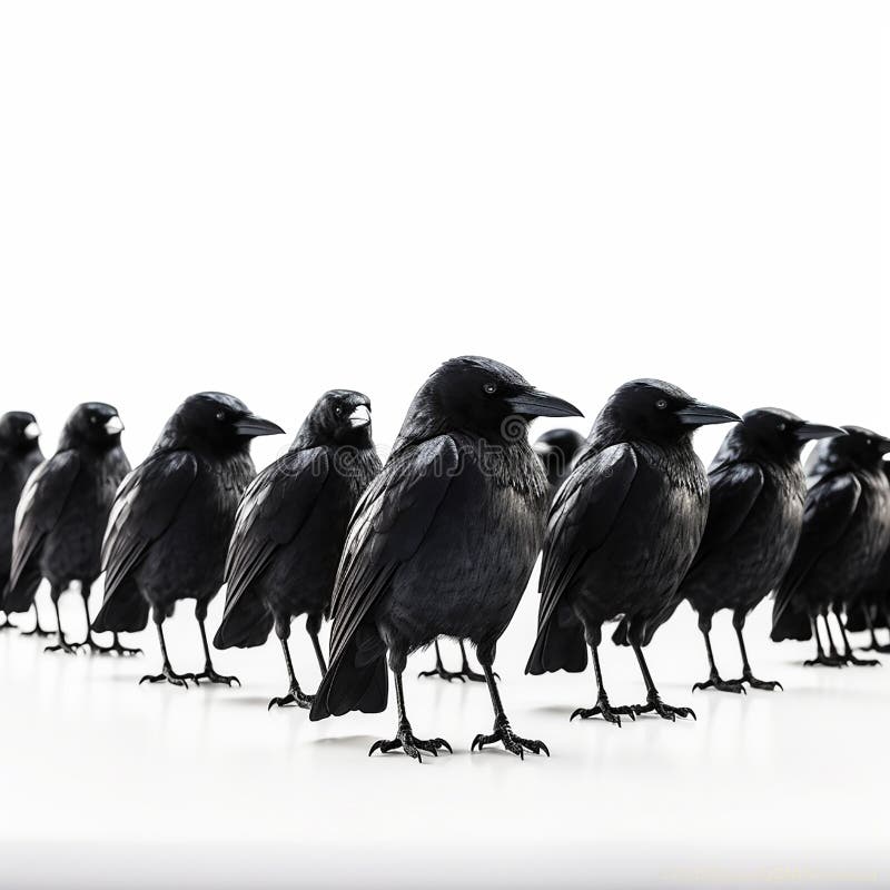 Viele identische schwarze Krähen nebeneinander in einer Reihe auf weißem Hintergrund stock abbildung