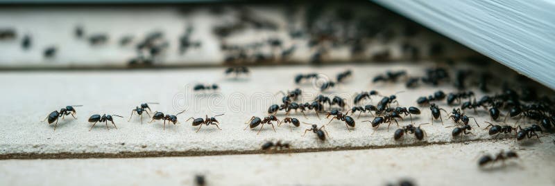 Viele schwarze Ameisen krabbeln auf dem Küchenboden Ameisenbefall des Wohnhauses Schädlingsbekämpfung. vektor abbildung