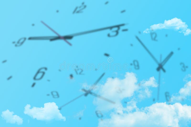 Viele Uhren in der verschiedenen Zeit, die in blauen Himmel fliegt lizenzfreie stockbilder Viele Uhren in der verschiedenen Zeit, die in blauen Himmel fliegt lizenzfreie stockbilder