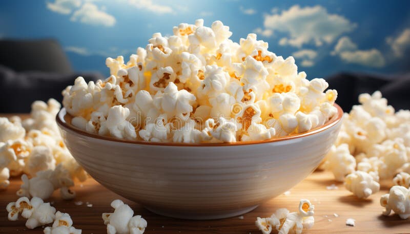 Viendo una película tomando maíz fresco y con mantequilla en un bol generado por ai. Viendo una película arremetiendo sobre maíz fresco y mantequilla en un bol generado por la inteligencia artificial ai generada