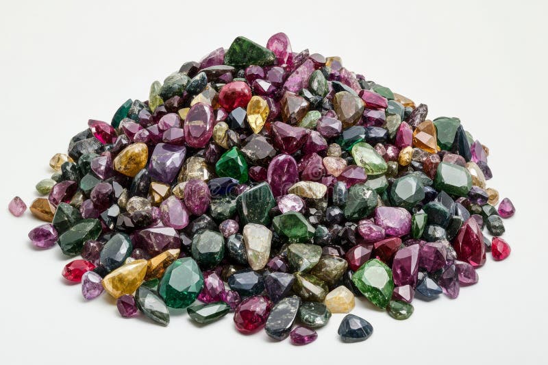 Viene visualizzata una colorata assortimento di gemme preziose, tra cui robusti smerigliatori e brillanti smerigliatori immagine stock