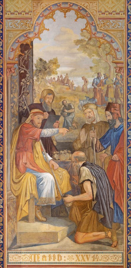 VIENNA, AUSTIRA - JUNI 24, 2021: The fresco of Parable of the Talents in the Votivkirche church by brothers Carl and Franz Jobst