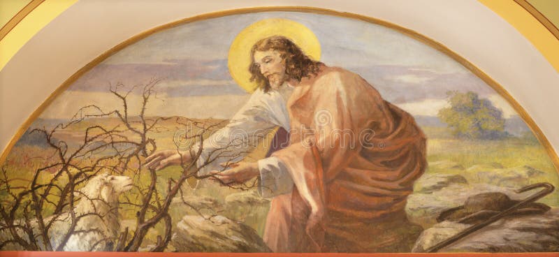 VIENNA, AUSTIRA - JUNI 18, 2021: The symbolic fresco of Jesus  good Sheepherd in Herz Jesu church from begin of 20. cent.