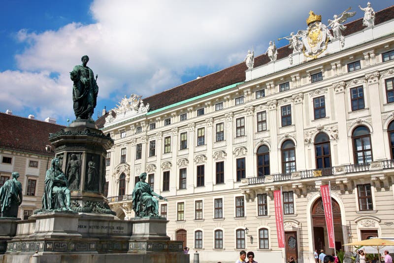 Vienna, Austria - August 17, 2012: Statue of Francis II, Holy Roman Emperor, tourists around Hofburg Palace courtyard (In der Bu