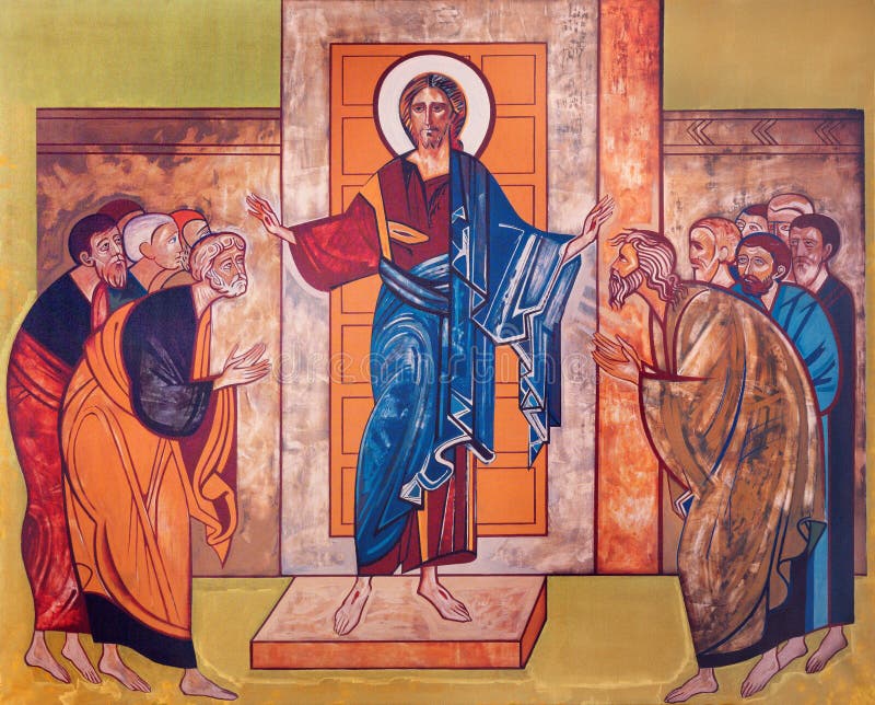 VIENNA, AUSTRIA - DECEMBER 19, 2016: The icon of Jesus among the apostles on the canvas in church Brigitta Kirche stock image