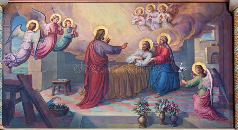 VIENNE, AUTRICHE - 17 FÉVRIER 2014 : Fresque de la mort de St Joseph par Josef Kastner à partir de 1906-1911 dans l'église de Car photo stock VIENNE, AUTRICHE - 17 FÉVRIER 2014 : Fresque de la mort de St Joseph par Josef Kastner à partir de 1906-1911 dans l'église de Car photo stock