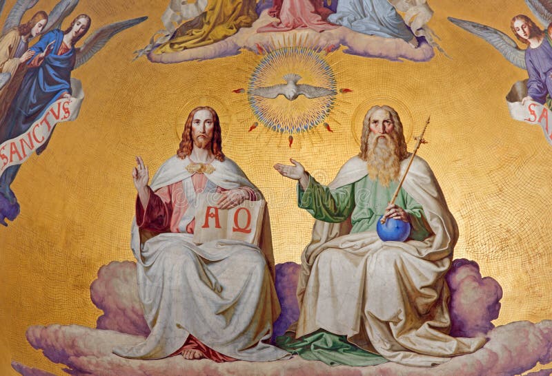 Vienne - trinité sainte. Détail de fresque de scène d'apocalypse. du cent 19. dans l'abside principale de l'église d'Altlerchenfel photo stock Vienne - trinité sainte. Détail de fresque de scène d'apocalypse. du cent 19. dans l'abside principale de l'église d'Altlerchenfel photo stock