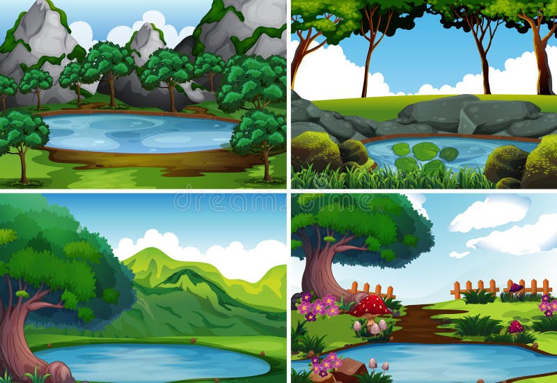 Vier achtergrondscènes met vijver in het park vector illustratie Vier achtergrondscènes met vijver in het park vector illustratie