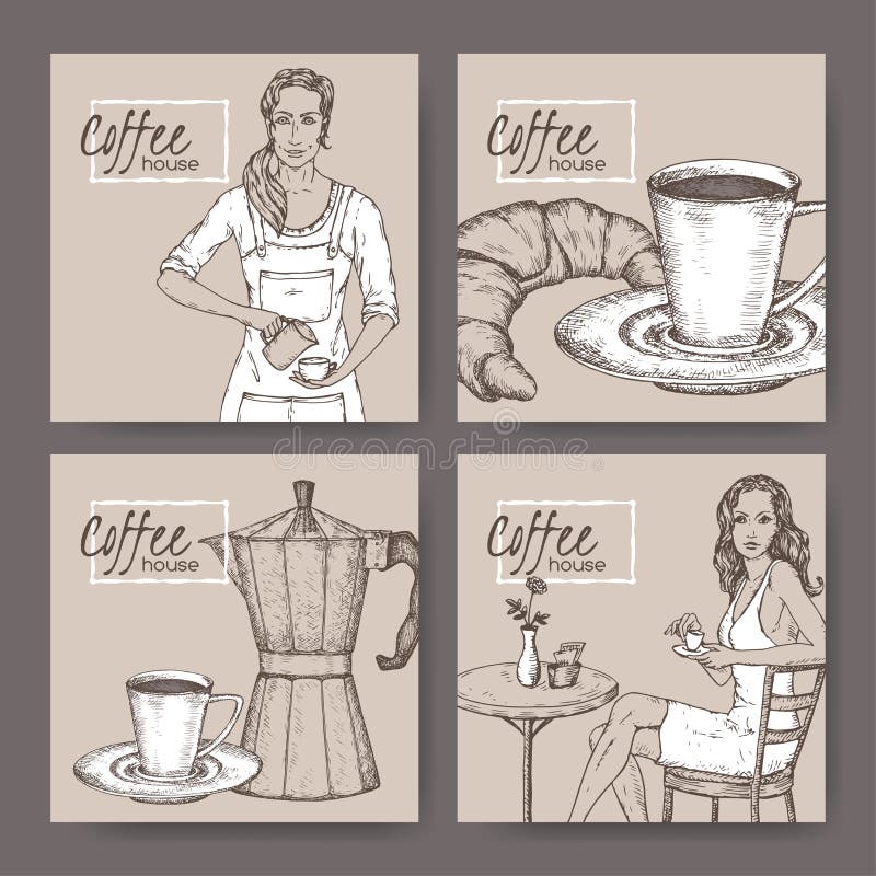 Vier etiketten van het koffiehuis met barista, koffiekop, mokapot, croissant en damecliënt stock illustratie Vier etiketten van het koffiehuis met barista, koffiekop, mokapot, croissant en damecliënt stock illustratie