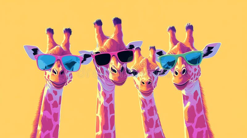 Vier farbenfrohe Giraffen mit Sonnenbrille vor einem lebendigen gelben Hintergrund lizenzfreie abbildung