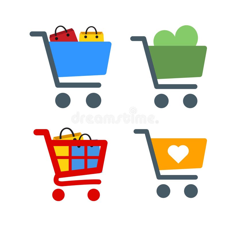 Vier farbige Einkaufswagen-Symbole stock abbildung