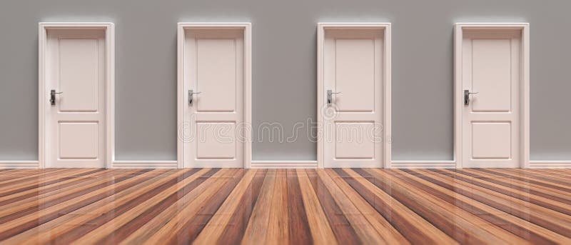 Vier gesloten witte deuren op grijze muur en houten vloerachtergrond, banner 3D Illustratie stock illustratie Vier gesloten witte deuren op grijze muur en houten vloerachtergrond, banner 3D Illustratie stock illustratie