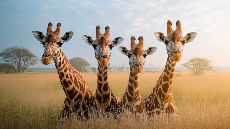 Vier Giraffen, die zusammen in der afrikanischen Savanne stehen lizenzfreie abbildung