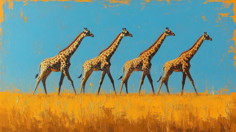 Vier Giraffen durch großes Gras gehen vektor abbildung