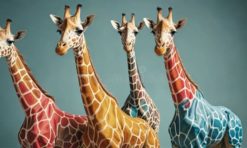 Vier Giraffen mit jeweils einzigartigem Muster stehen in Linie vor blauem Hintergrund und zeigen ihren eigenen. Das Bild zeigt eine Gruppe von vier Giraffen, die in einer Linie vor blauem Hintergrund stehen. Giraffen sind in lebhaften Farben rot-blau gestrichen, mit langen Hals und markanten gepunkteten Mustern. die Giraffen gegenüber der Kamera, die ein Gefühl von Tiefe und Perspektive schaffen. der Hintergrund ist eine solide blaue Farbe, die dem giraffesbunten Erscheinungsbild kontrastiert.