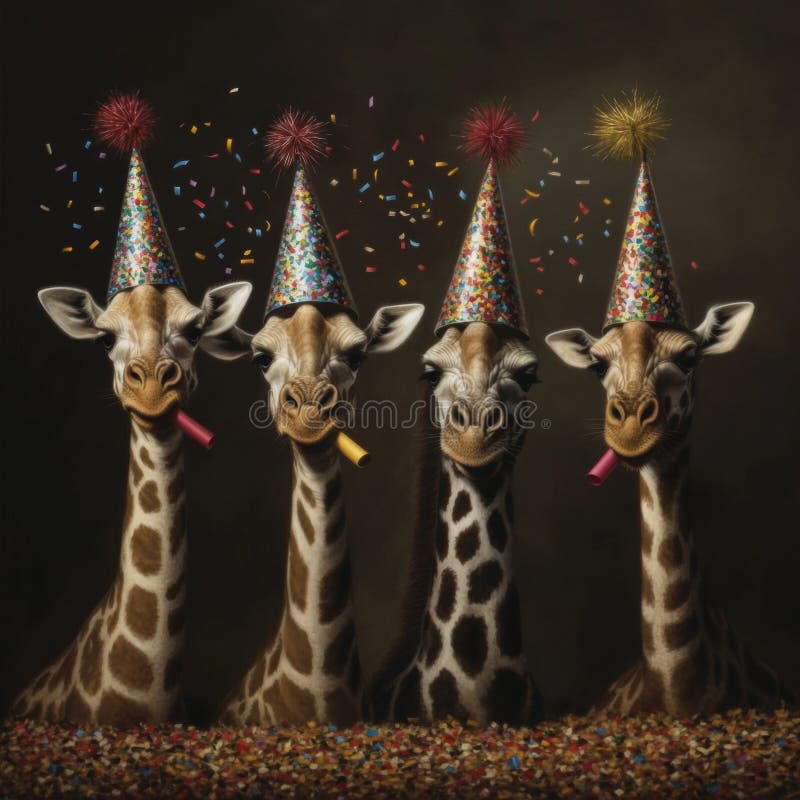 Vier Giraffen in Partyhütten, die mit Noisemakern und Konfetti auf braunem Hintergrund feiern lizenzfreie abbildung