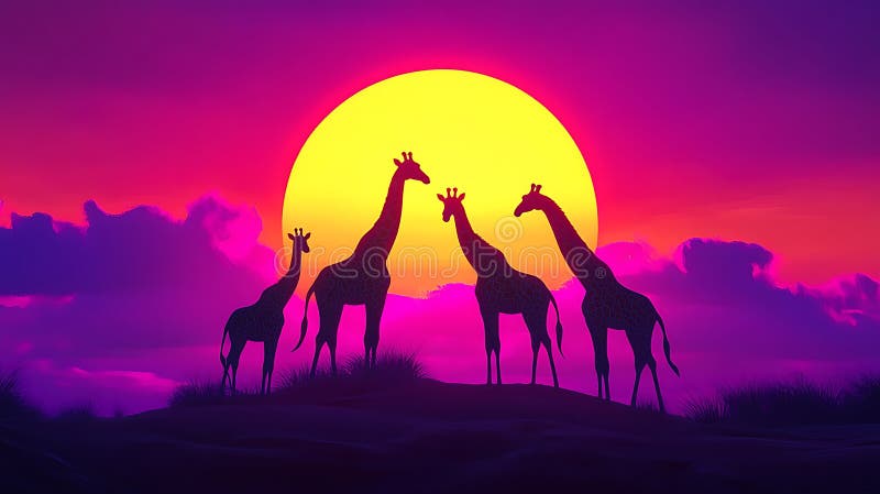 Vier Giraffen silhouettiert gegen einen lebendigen Sonnenuntergang stock abbildung