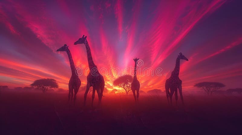 Vier Giraffen stehen auf dem Feld neben einigen Bäumen bei Sonnenuntergang lizenzfreie abbildung