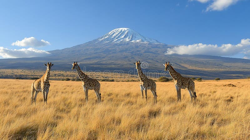 Vier Giraffen stehen im großen Gras mit Kilimanjaro im Hintergrund unter einem strahlend blauen Himmel lizenzfreie abbildung