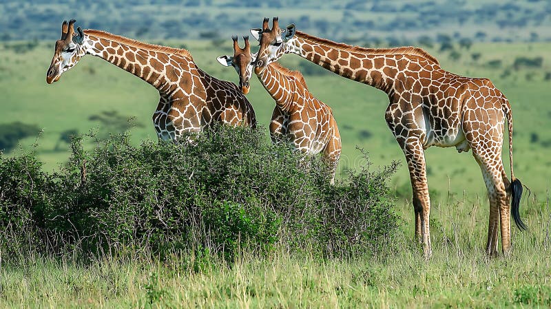 Vier Giraffen weiden in einer grünen Savanne Umgebung vektor abbildung