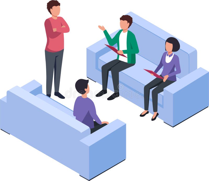 Vier Manager treffen sich auf bequemen Sofas, um Unternehmensstrategie und neue Projekte mithilfe von vektor abbildung