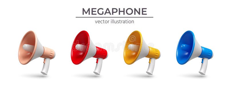 Set of four megaphones with shadow in different colors isolated on white. 3d realistic  illustration. Set of four megaphones with shadow in different colors isolated on white. 3d realistic  illustration