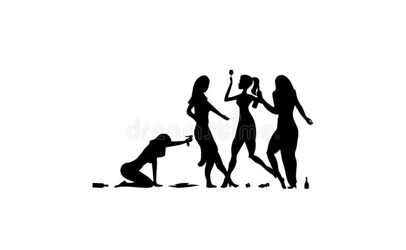 Vier Meisje, vrouw, dame het drinken De dronken mensen, gedronken partijgebeurtenis, vector silhouetteren pictogram, teken, illus