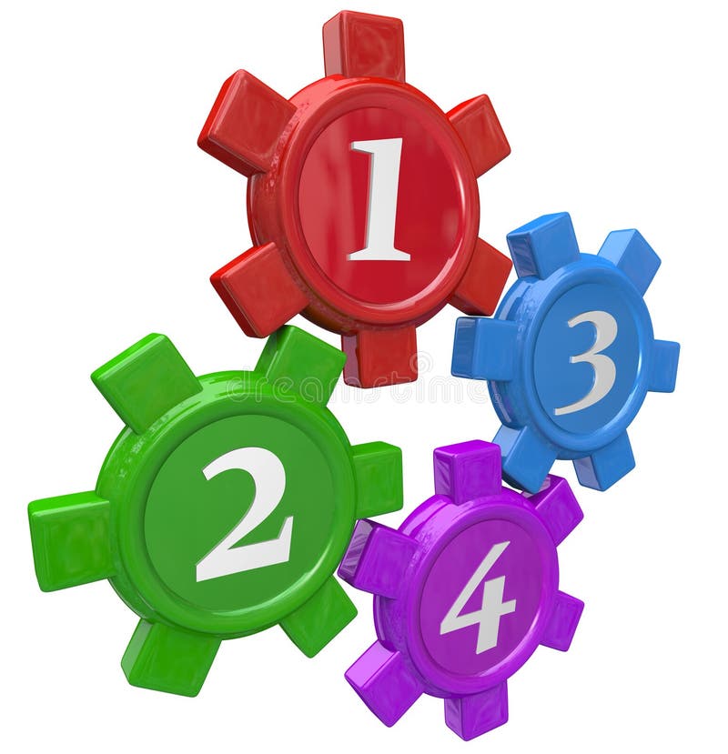 Four gears with numbers to illustrate the steps, principles or elements of steps to perform a task or solve a problem. Four gears with numbers to illustrate the steps, principles or elements of steps to perform a task or solve a problem