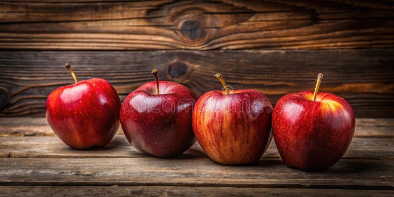 Vier rote Äpfel auf einer rustikalen Holzfläche. Generative AI stock abbildung