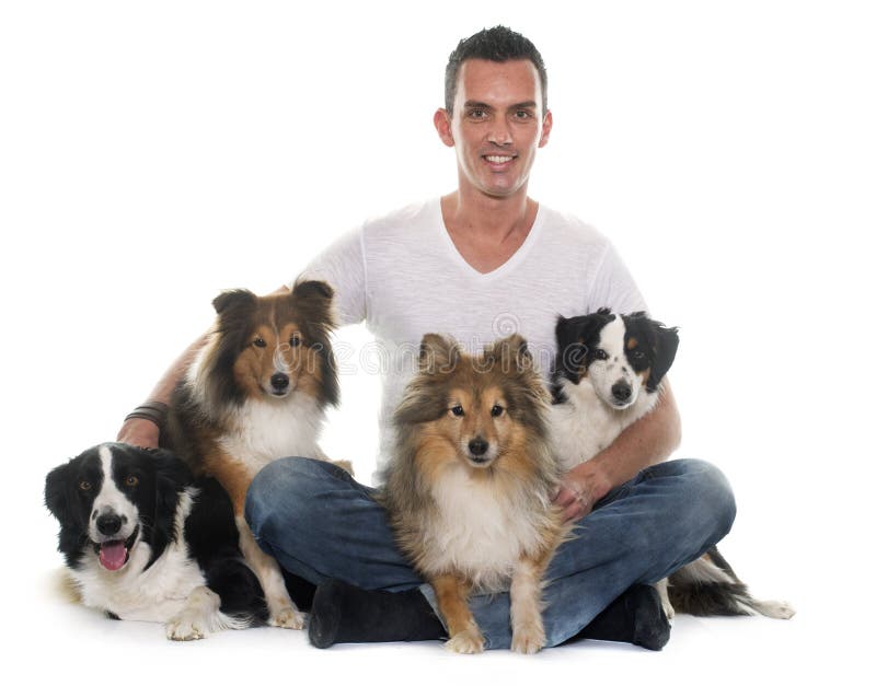 Vier schöne Hunde und Mann lizenzfreies stockbild Vier schöne Hunde und Mann lizenzfreies stockbild