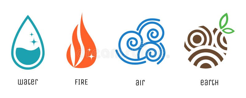 Vier symbolen van de elementen vlakke stijl Water, brand, lucht, aardetekens Vector pictogrammen royalty-vrije illustratie Vier symbolen van de elementen vlakke stijl Water, brand, lucht, aardetekens Vector pictogrammen royalty-vrije illustratie