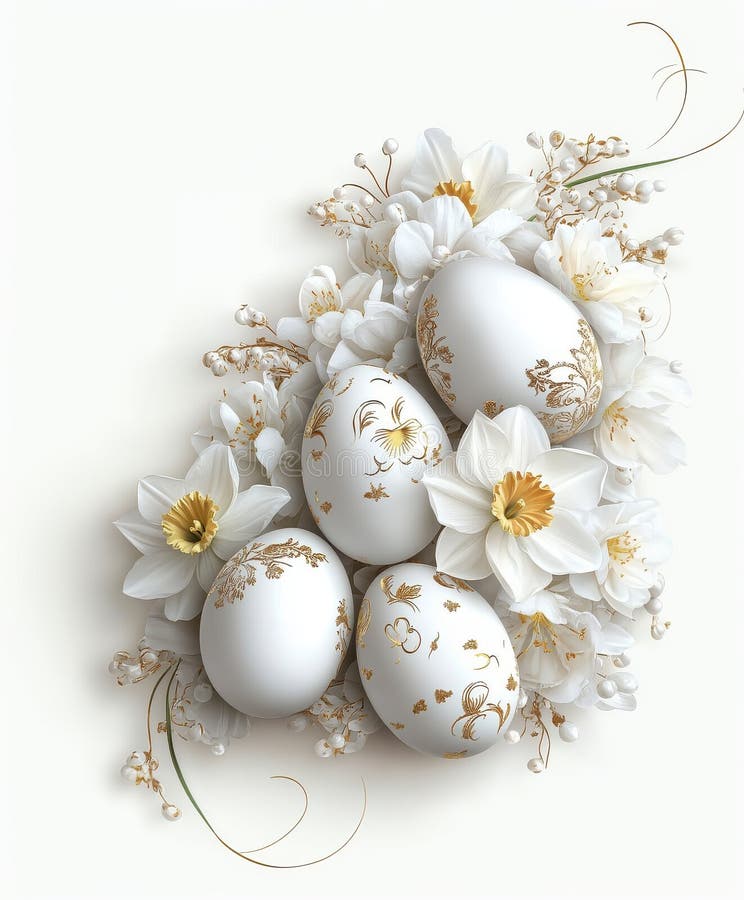 Vier wunderschön dekorierte Ostereier mit goldenen Blumenmotiven lizenzfreie stockfotografie